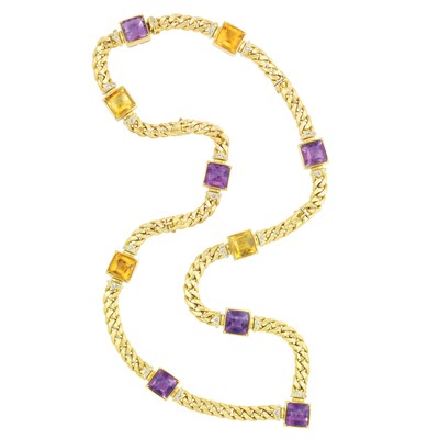 Lot 509 - Long Gold, Amethyst, Citrine and Diamond Curb Link Necklace/Bracelet Combination, Bulgari