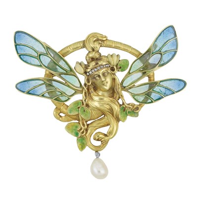 Lot 410 - Art Nouveau Gold, Plique-a-Jour Enamel, Diamond and Pearl Pendant, France