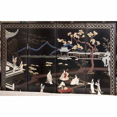Lot 137 - Chinese Hardstone Inlaid Lacquered Four-Panel...