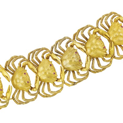 Lot 525 - Gold and Cabochon Ruby Crab Cuff Bracelet, Mario Buccellati
