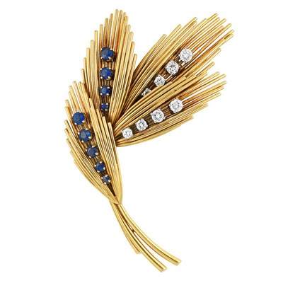 Lot 431 - Gold, Platinum, Diamond and Sapphire Leaf Clip-Brooch, Van Cleef & Arpels, France