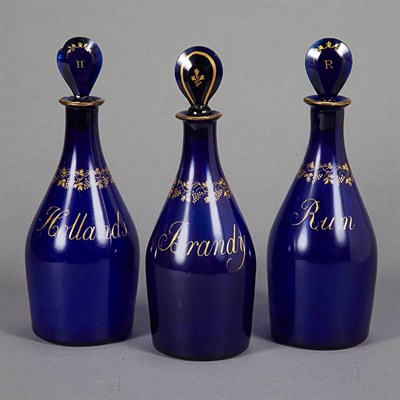 Lot 1484 - Set of Three English Gilt Decorated Blue Glass...
