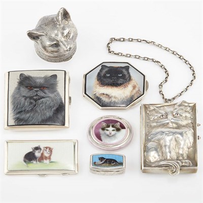 Lot 304 - Group of Seven Silver and Enamel Cat Decorated...
