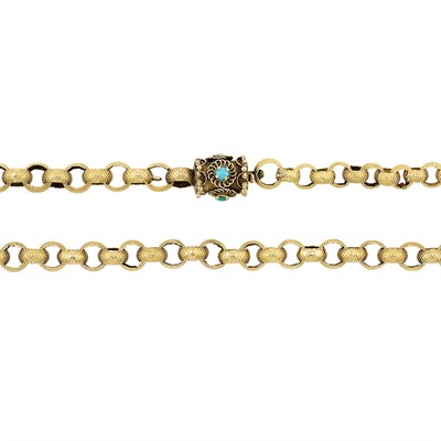 Lot 67 - Long Antique Gold Chain Necklace with Gold and Turquoise Clasp