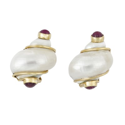Lot 159 - Pair of Gold, Shell and Cabochon Ruby Earclips, Seaman Schepps