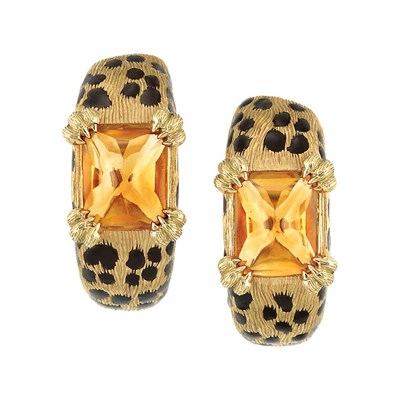 Lot 506 - Pair of Gold, Cabochon Citrine and Black Enamel Leopard Hoop Earrings, Christian Dior, France