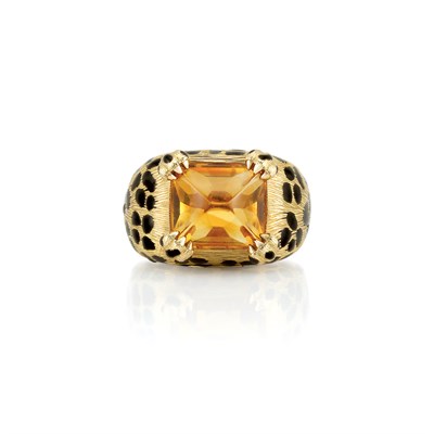 Lot 503 - Gold, Cabochon Citrine and Black Enamel Leopard Ring, Christian Dior, France