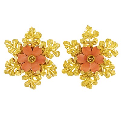 Lot 528 - Pair of Gold and Carved Coral Flower Earclips, Bulgari