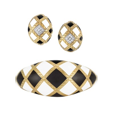 Lot 504 - Gold, Black and White Enamel Bombe Bangle Bracelet and Pair of Bombe Earclips, Mellerio, France