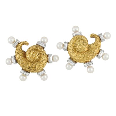 Lot 522 - Pair of Gold, Diamond and Cultured Pearl Snail Earclips, Barbara Anton