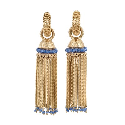 Lot 430 - Pair of Gold and Sapphire Bead Fringe Earrings