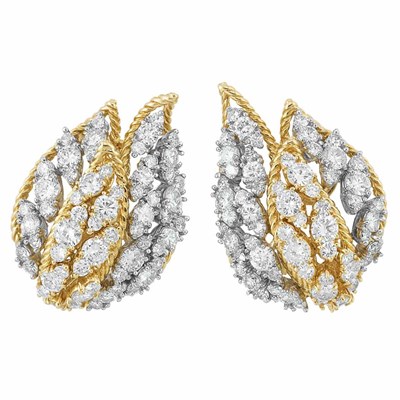 Lot 554 - Pair of Gold, Platinum and Diamond Leaf Earclips