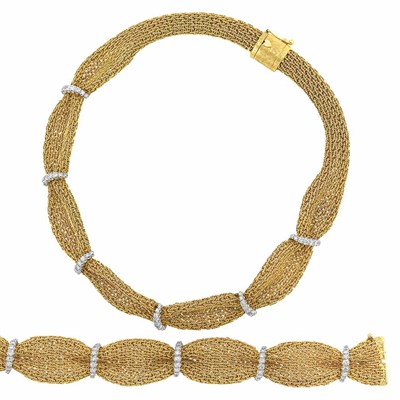 Lot 548 - Gold and Diamond Mesh Necklace and Bracelet, Oscar Heyman Bros.