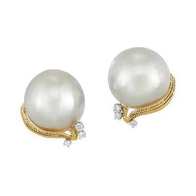 Lot 490 - Pair of Gold, Platinum, Mabe Pearl and Diamond Earclips, David Webb