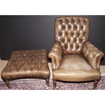 Lot 650 - Pair of Leather Tufted Chairs and an Ottoman...