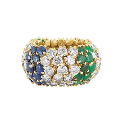 Lot 151 - Flexible Wide Gold, Diamond, Sapphire and Emerald Band Ring
