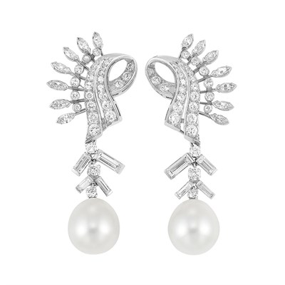 Lot 479 - Pair of Platinum, Diamond and Cultured Pearl Pendant-Earrings