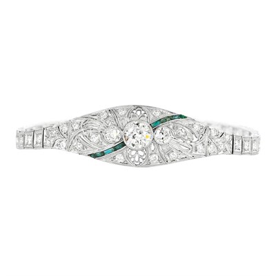 Lot 99 - Platinum, Diamond and Simulated Emerald Bracelet