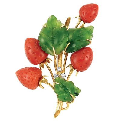 Lot 74 - Gold, Carved Coral and Nephrite and Diamond Strawberry Brooch