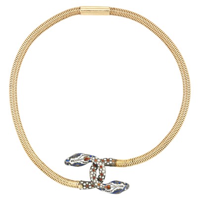 Lot 164 - Antique Gold, Silver and Enamel Snake Head Necklace, France