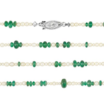 Lot 650 - Long Natural Pearl and Emerald Bead Necklace with White Gold and Diamond Clasp