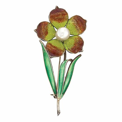Lot 98 - Antique Silver, Enamel and Natural Semi-Baroque Pearl Flower Brooch