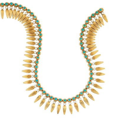 Lot 489 - Gold, Turquoise and Cultured Pearl Fringe Necklace