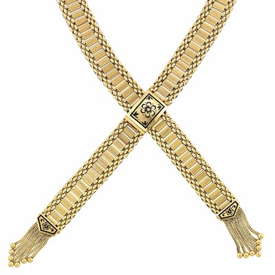 Lot 118 - Retro Gold and Enamel Crossover Fringe Necklace