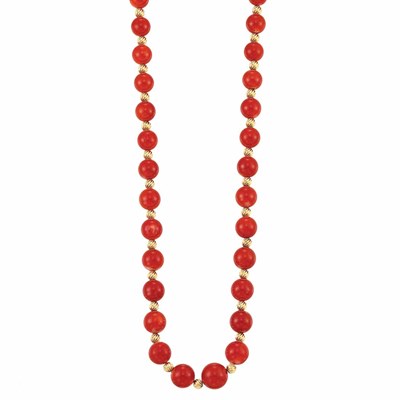 Lot 136 - Gold and Oxblood Coral Bead Necklace