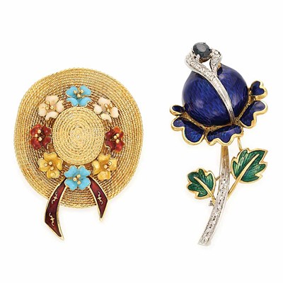 Lot 774 - Gold and Enamel Hat Brooch and Enamel and Gold, Enamel, Sapphire and Diamond Flower Brooch