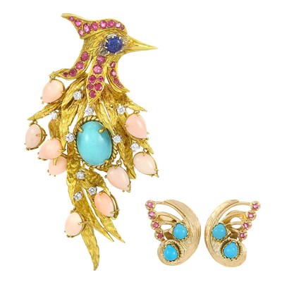 Lot 727 - Gold, Coral, Turquoise, Diamond and Gem-Set Bird Brooch and Pair of Gold, Turquoise and Ruby Earclips