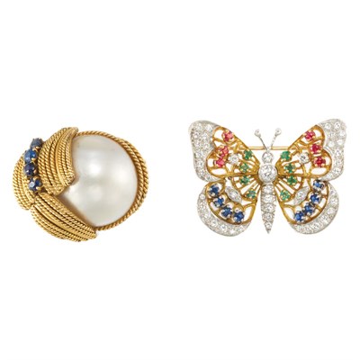 Lot 20 - Gold, Mabe Pearl and Sapphire Ring and Platinum, Gold, Diamond and Gem-Set Butterfly Pin