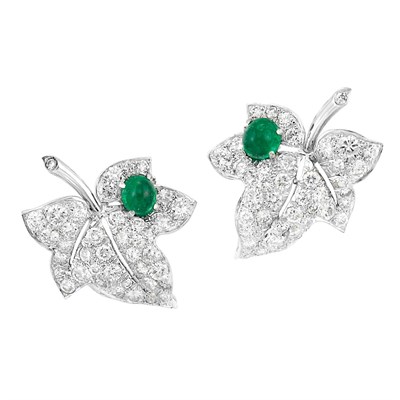 Lot 111 - Pair of Platinum, Diamond and Cabochon Emerald Leaf Earclips, by Cartier