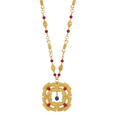 Lot 531 - Long Gold and Coral Bead Chain Necklace with Gold, Coral and Lapis Bead Pendant-Brooch