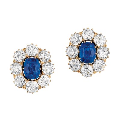 Lot 424 - Pair of Antique Gold, Kashmir Sapphire and Diamond Earrings