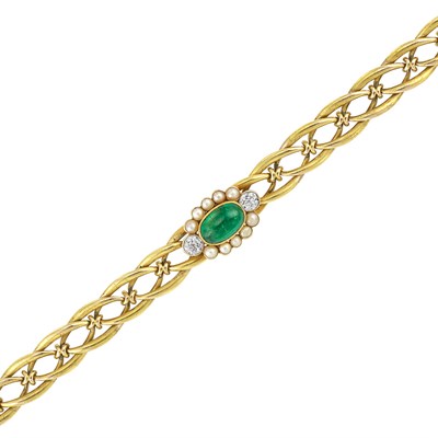 Lot 56 - Antique Gold, Cabochon Emerald, Diamond and Split Pearl Bracelet