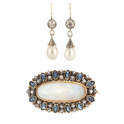 Lot 677 - Antique Opal, Sapphire and Diamond Brooch and Pair of Antique Diamond and Simulated Pearl Pendant-Earrings