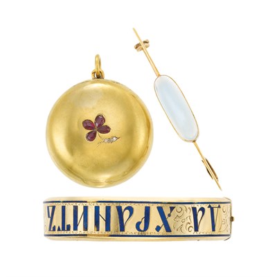 Lot 110 - Antique Russian Gold and Enamel Bangle, Gold and Ruby Rouge Pot, France, and Moonstone Bar Pin