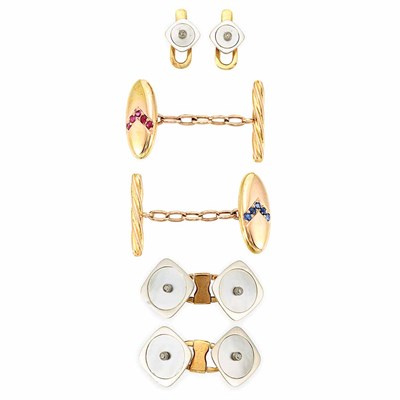 Lot 197 - Pair of Low Karat Two-Color Gold, Mother-of-Pearl and Diamond Cufflinks and Two Studs and Pair of Gold and Gem-Set Cufflinks
