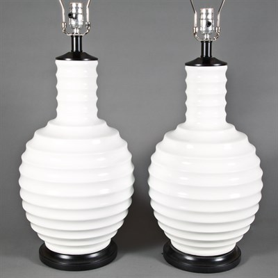 Lot 151 - Pair of White Swirl Molded Lamps Modern Each...