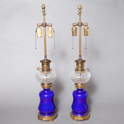 Lot 582 - Pair of Porcelain and Glass Fluid Lamps...