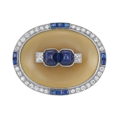 Lot 629 - Art Deco Platinum, Agate, Sapphire and Diamond Brooch, Cartier, Paris