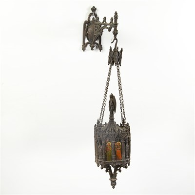 Lot 1548 - Gothic Style Iron and Glass Hanging Lantern...
