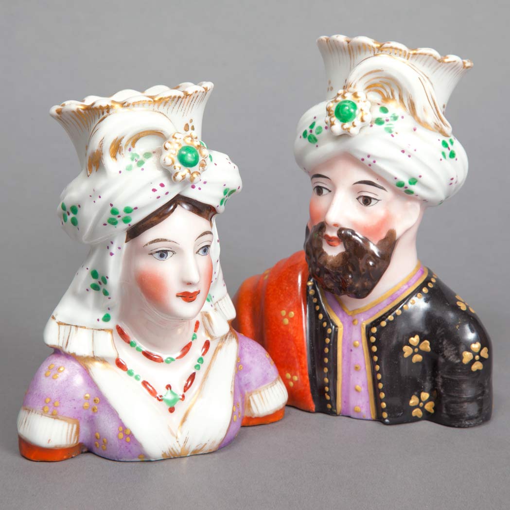 Lot 1206 - Pair of French Porcelain Head-Form Spill Vases...