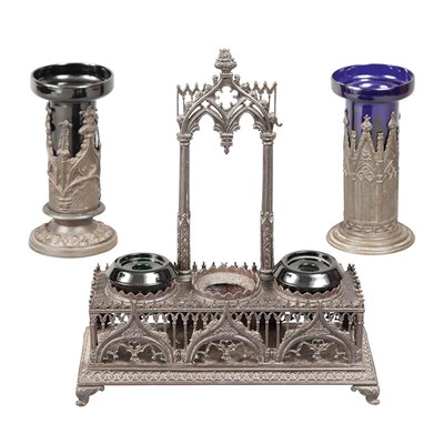 Lot 1247 - Gothic Revival Patinated-Metal Inkstand Mid...