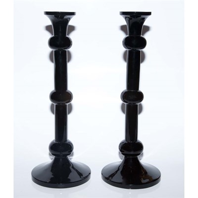 Lot 233 - Pair of Black Glass Candlesticks Height 17...
