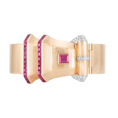 Lot 464 - Retro Gold, Platinum, Ruby and Diamond Buckle Bangle Bracelet, Tiffany & Co.