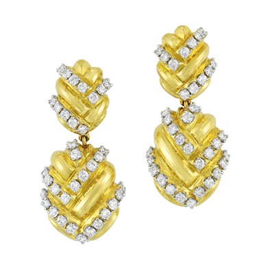 Lot 536 - Pair of Hammered Gold, Platinum and Diamond Pendant-Earrings, David Webb