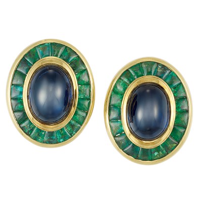 Lot 129 - Pair of Gold, Cabochon Sapphire and Emerald Earclips