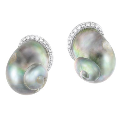 Lot 44 - Pair of Gold, Carved Rock Crystal, Gray Mother-of-Pearl and Diamond Shell Earclips, Vhernier